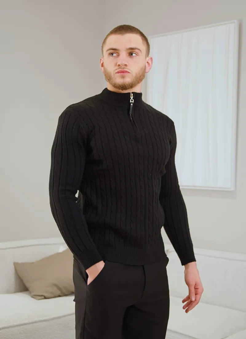 Half-Zip Cable Knit Sweater - Black