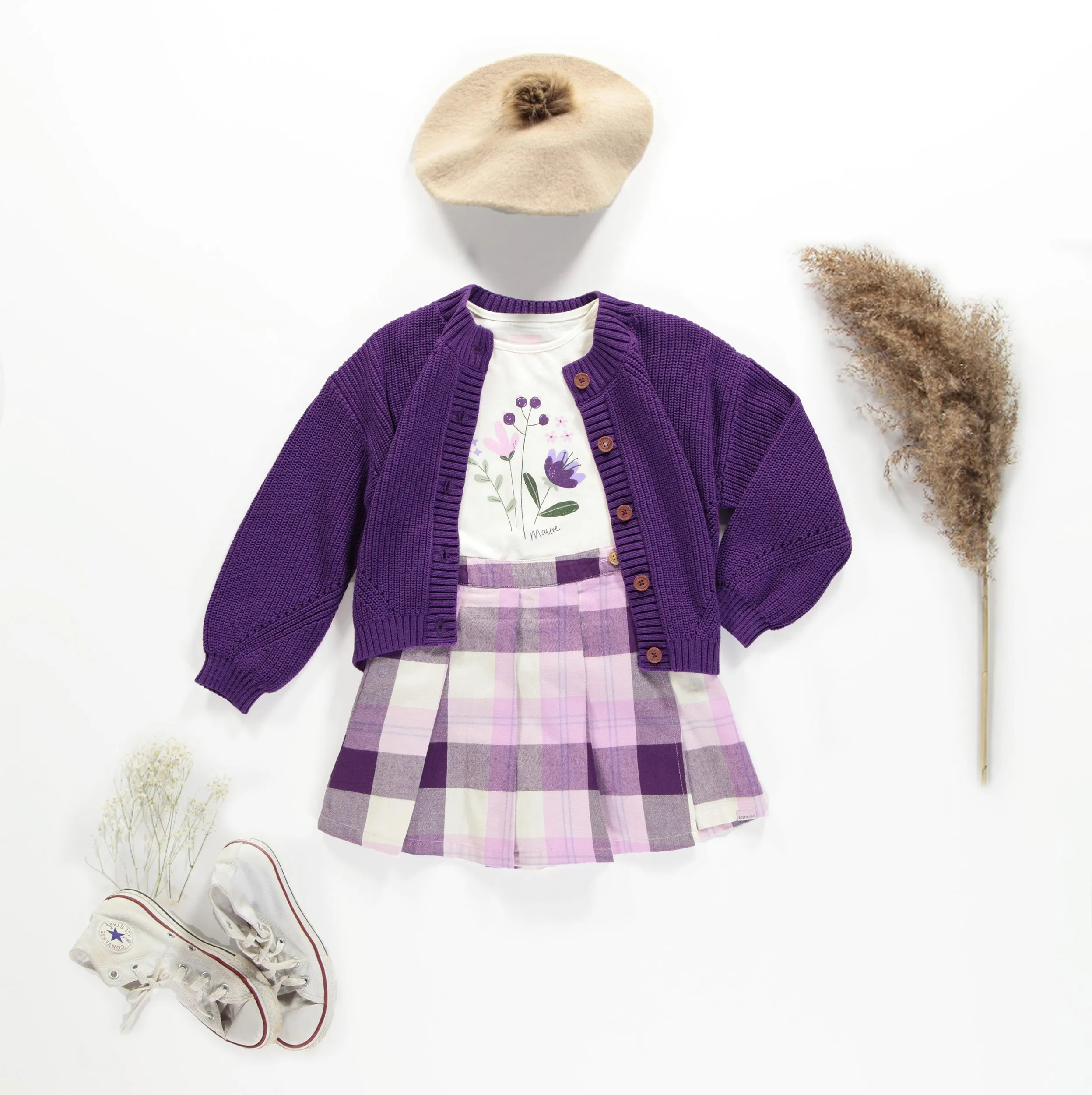 Jupe short mauve à plis et à carreaux en flanelle épaisse, enfant || Plaid purple pleated short skirt in heavy flannel, child