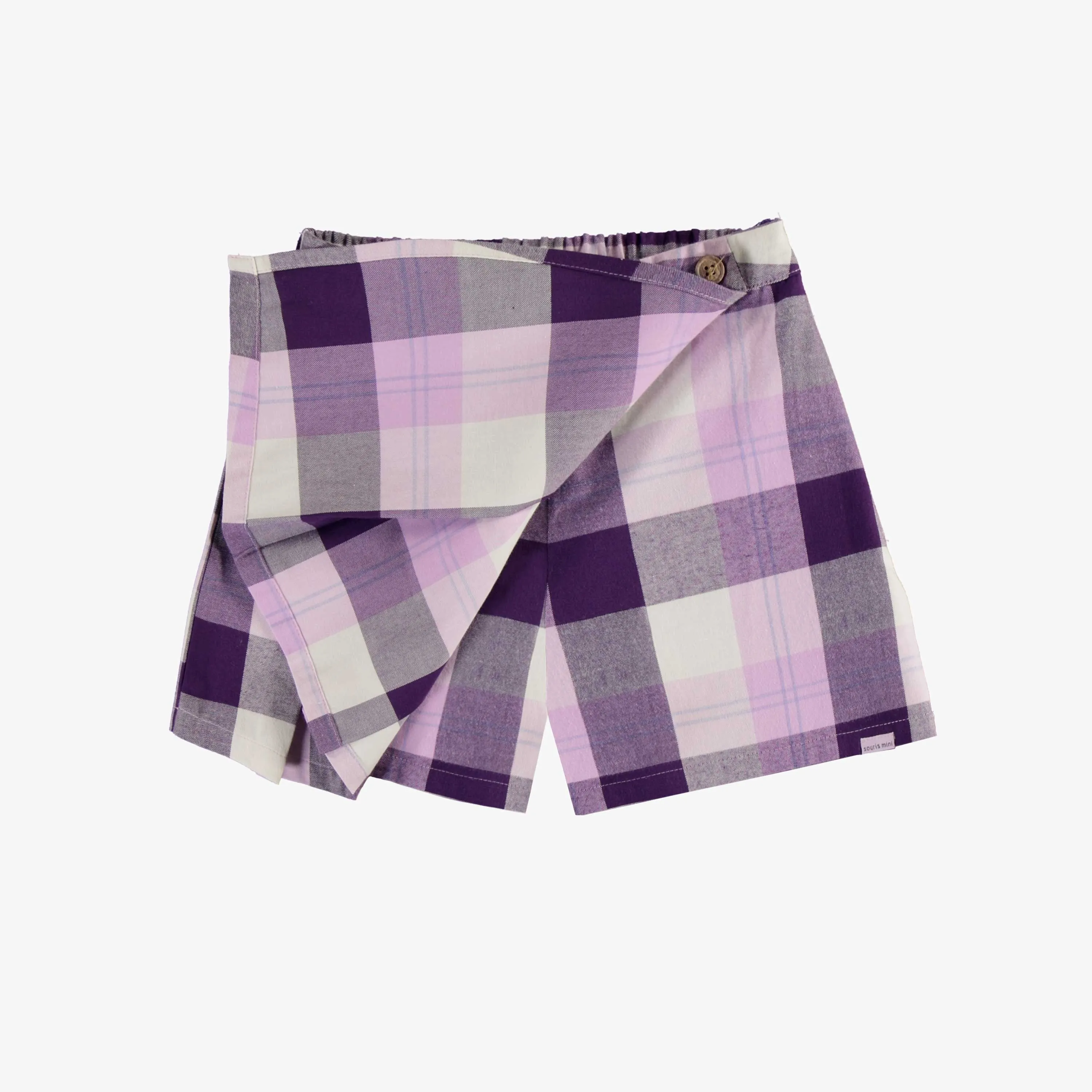 Jupe short mauve à plis et à carreaux en flanelle épaisse, enfant || Plaid purple pleated short skirt in heavy flannel, child