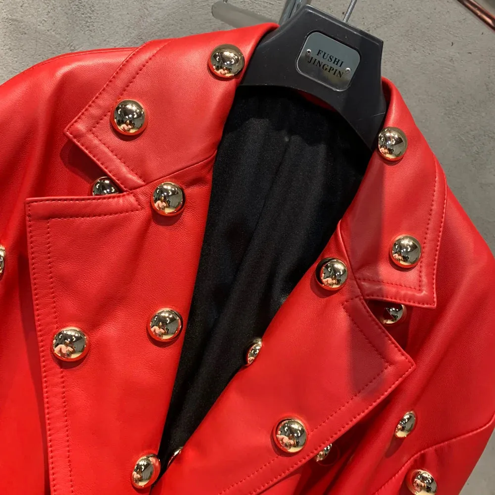 Luxury Red Sheepskin Leather & Suede Trench Coat