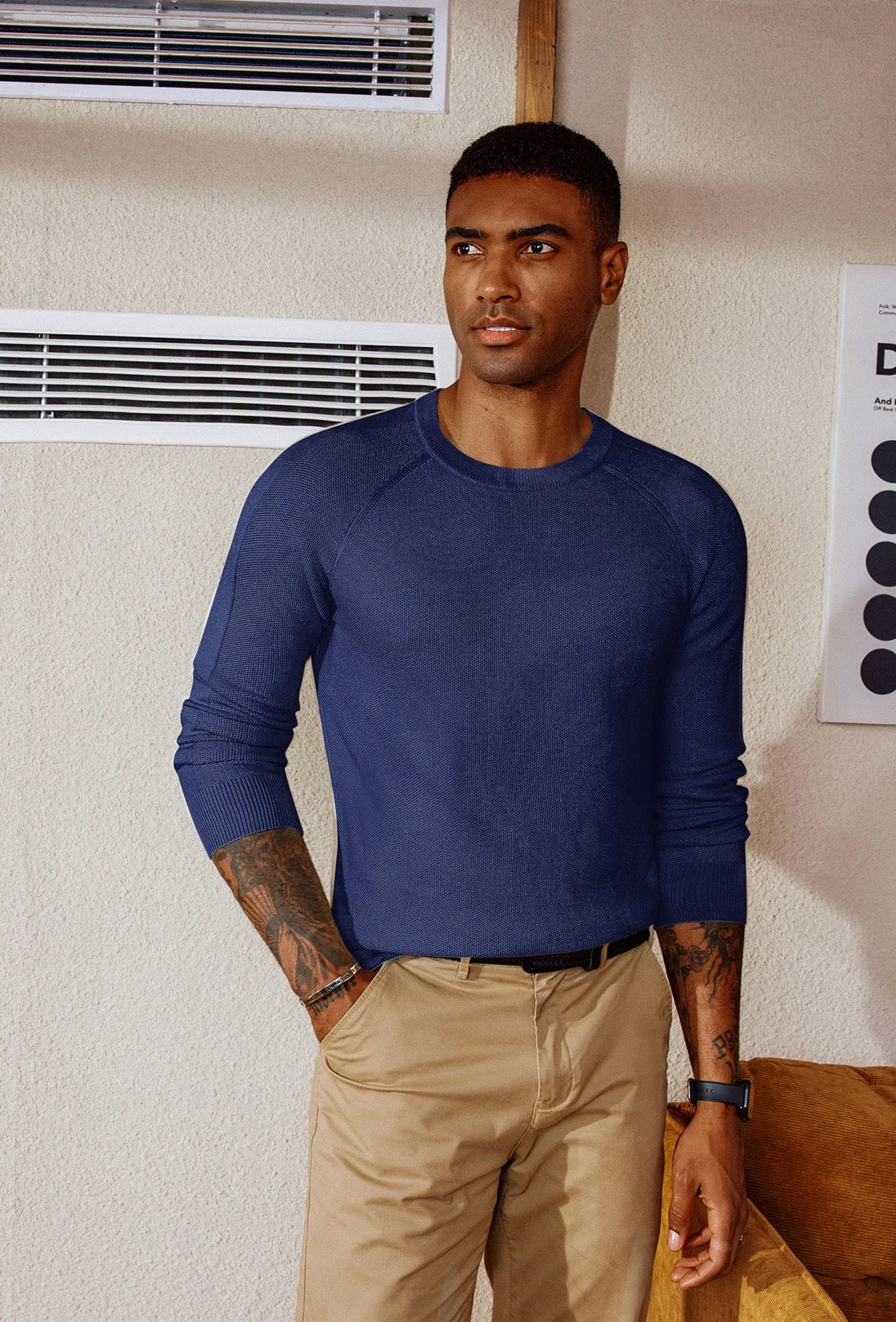 Men Cellular Textured Sweater Long Raglan Sleeve Crew Neck Kitted Tops