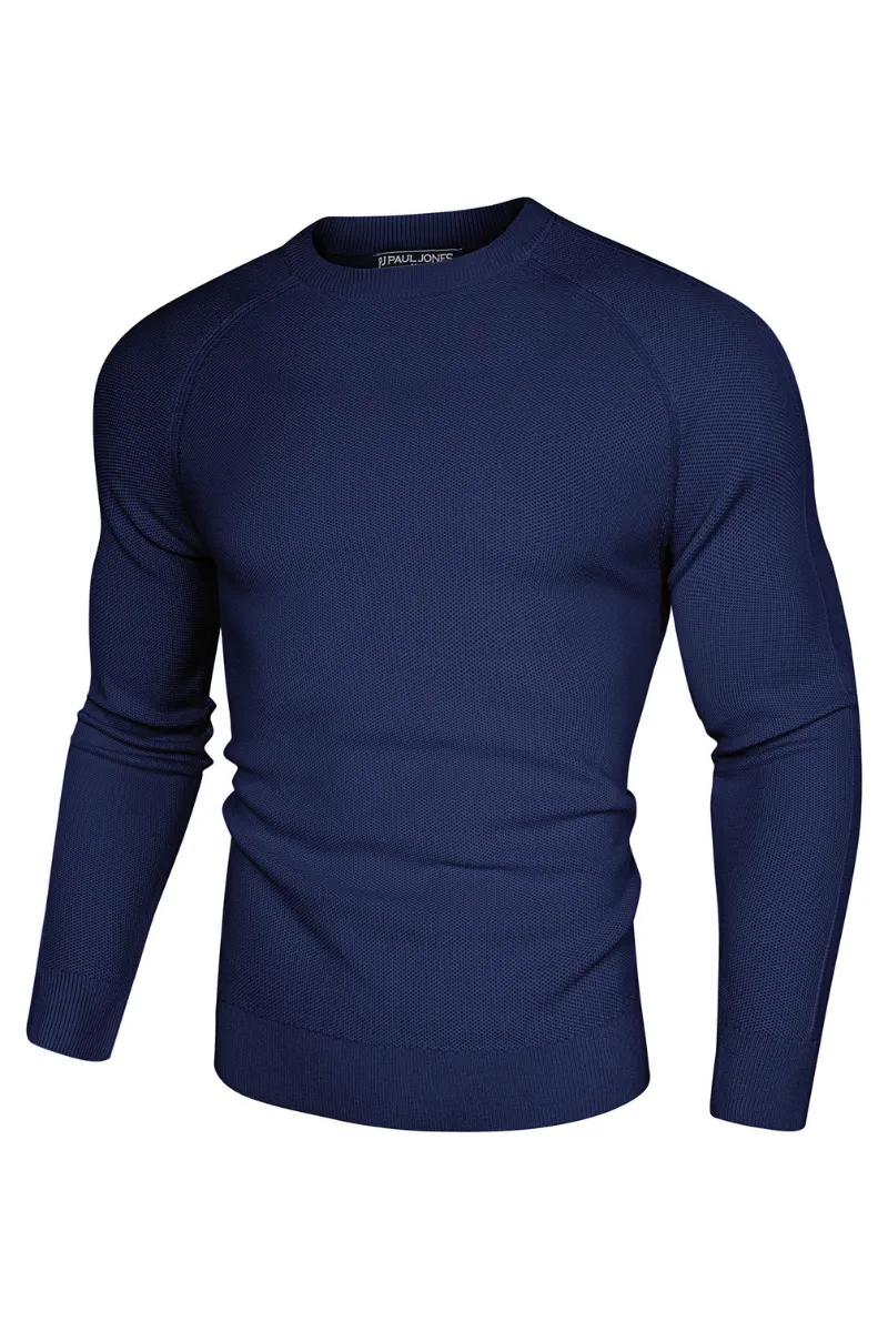 Men Cellular Textured Sweater Long Raglan Sleeve Crew Neck Kitted Tops