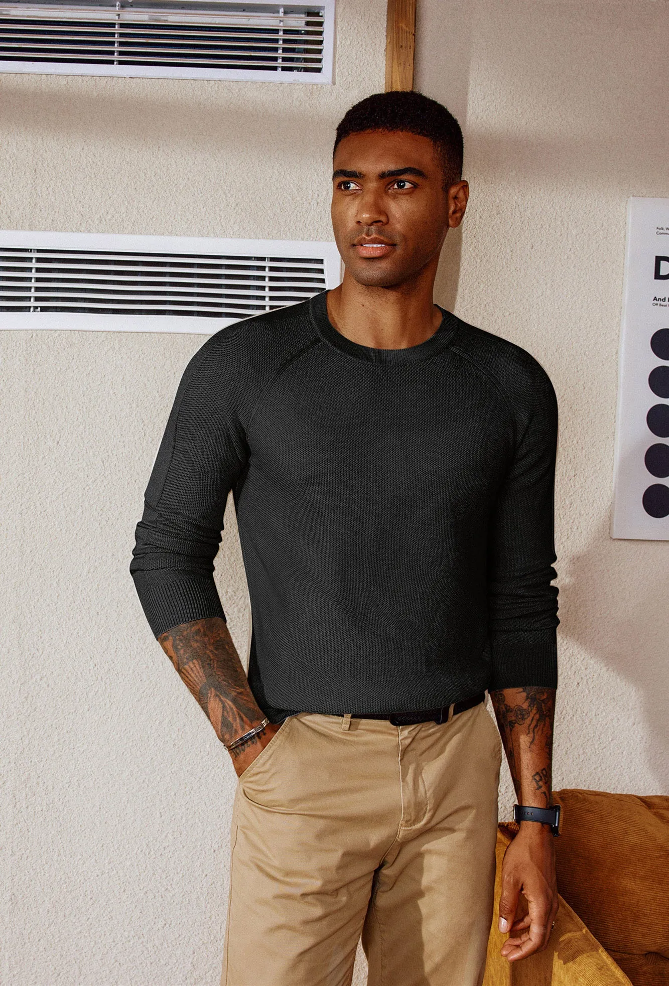 Men Cellular Textured Sweater Long Raglan Sleeve Crew Neck Kitted Tops