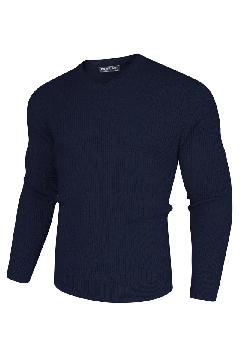 Men Textured Sweater Long Sleeve V-Neck Ribbed Cuff Pullover Knitted Tops