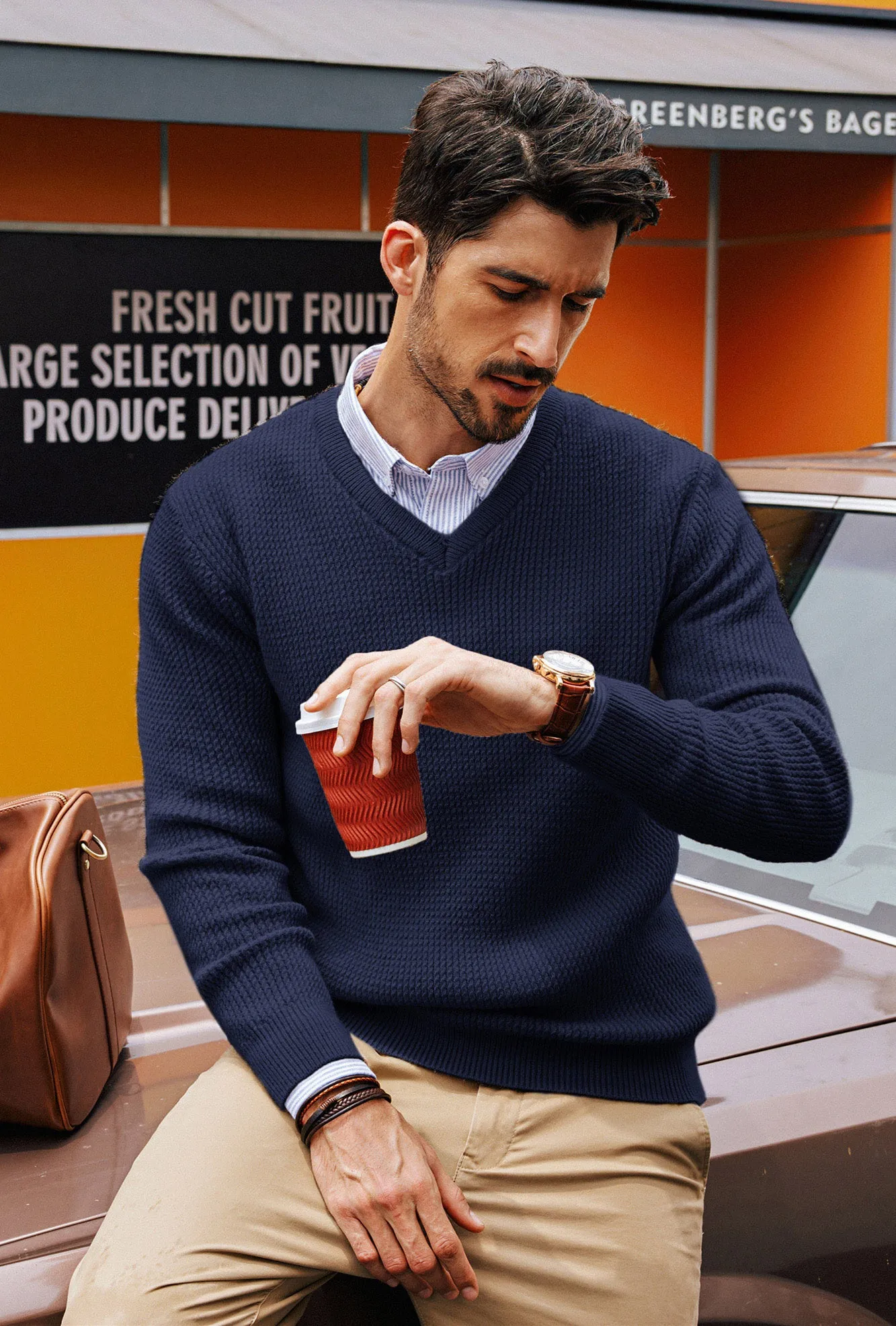 Men Textured Sweater Long Sleeve V-Neck Ribbed Cuff Pullover Knitted Tops