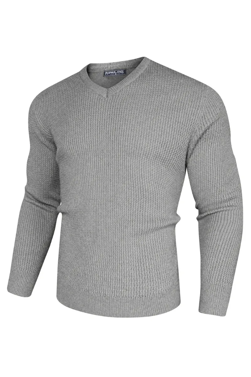 Men Textured Sweater Long Sleeve V-Neck Ribbed Cuff Pullover Knitted Tops