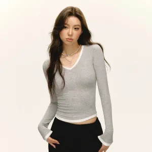 Retro Contrast V-neck Long-sleeve T-shirt