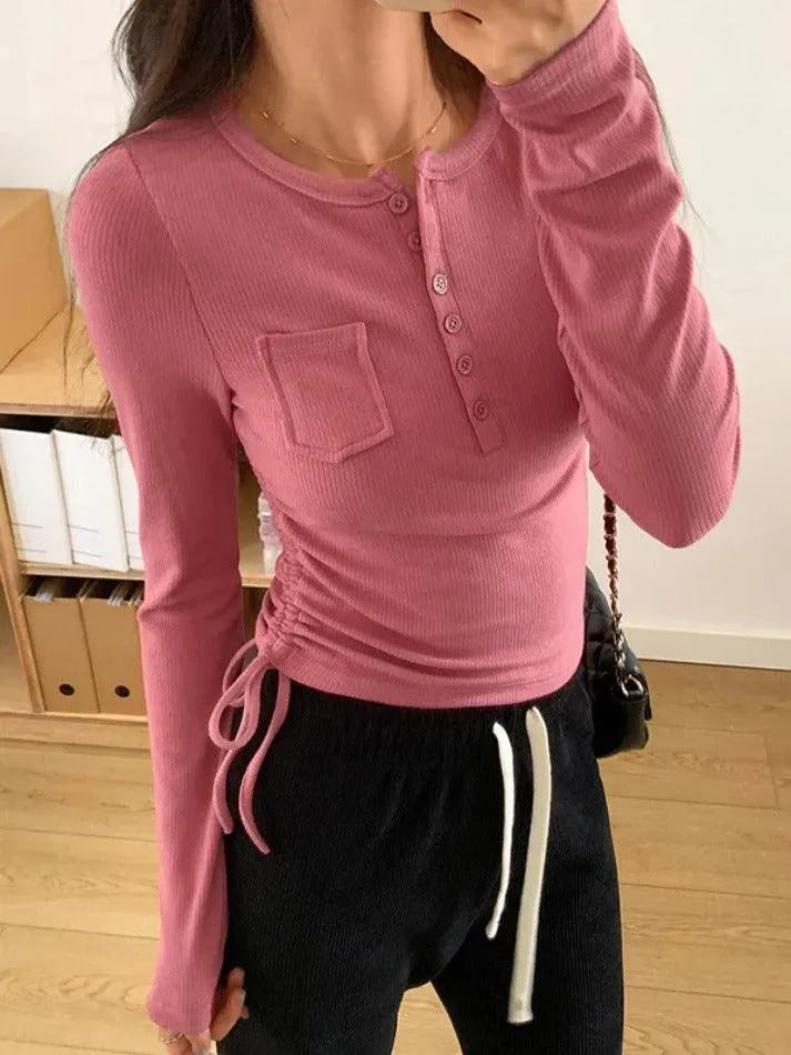 Rib Solid Breasted Slim Long Sleeve Knit