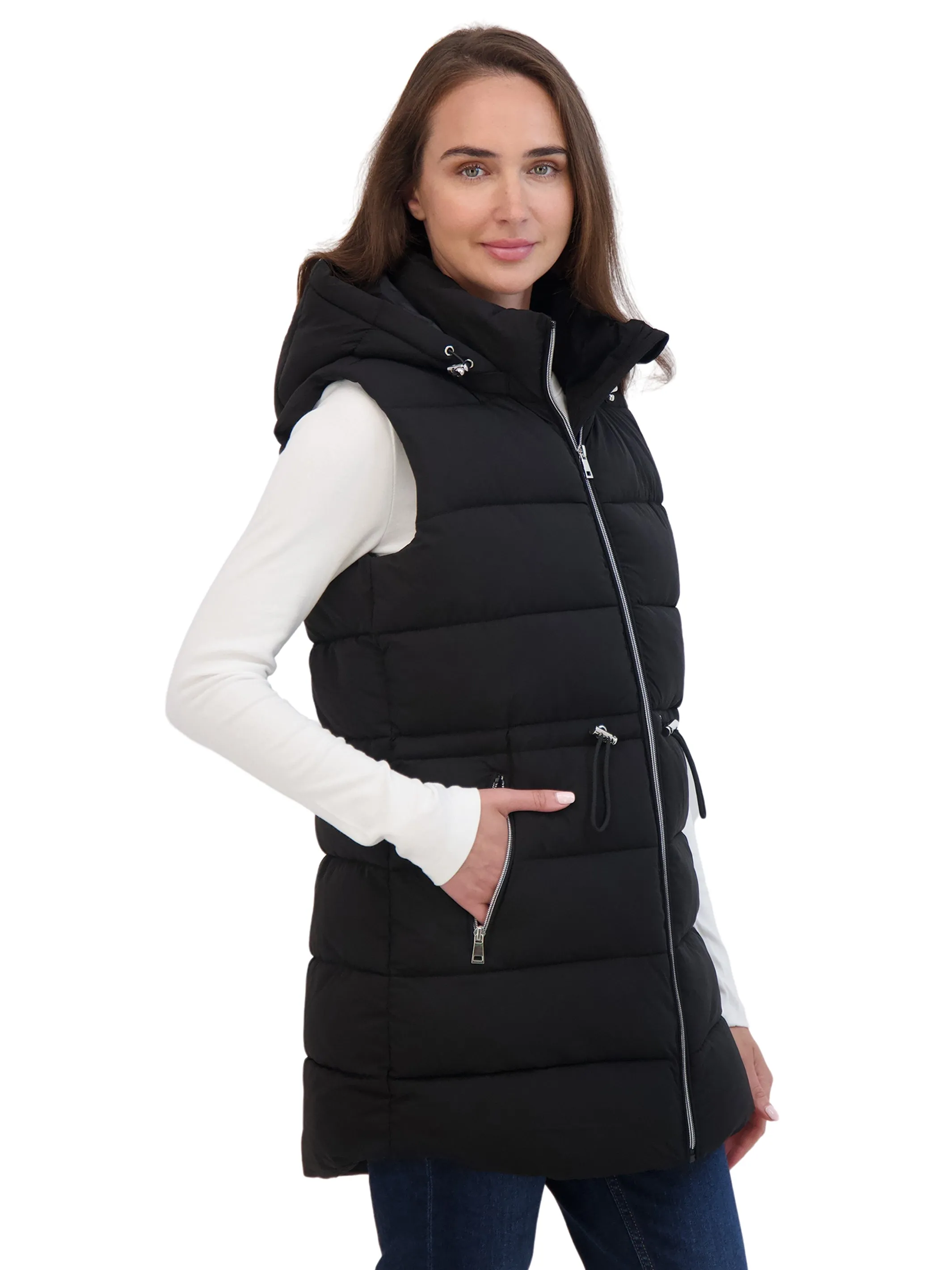 Sebby Collection Women's 3/4 Hooded Stretch Puffer Vest With Drawstring Waist