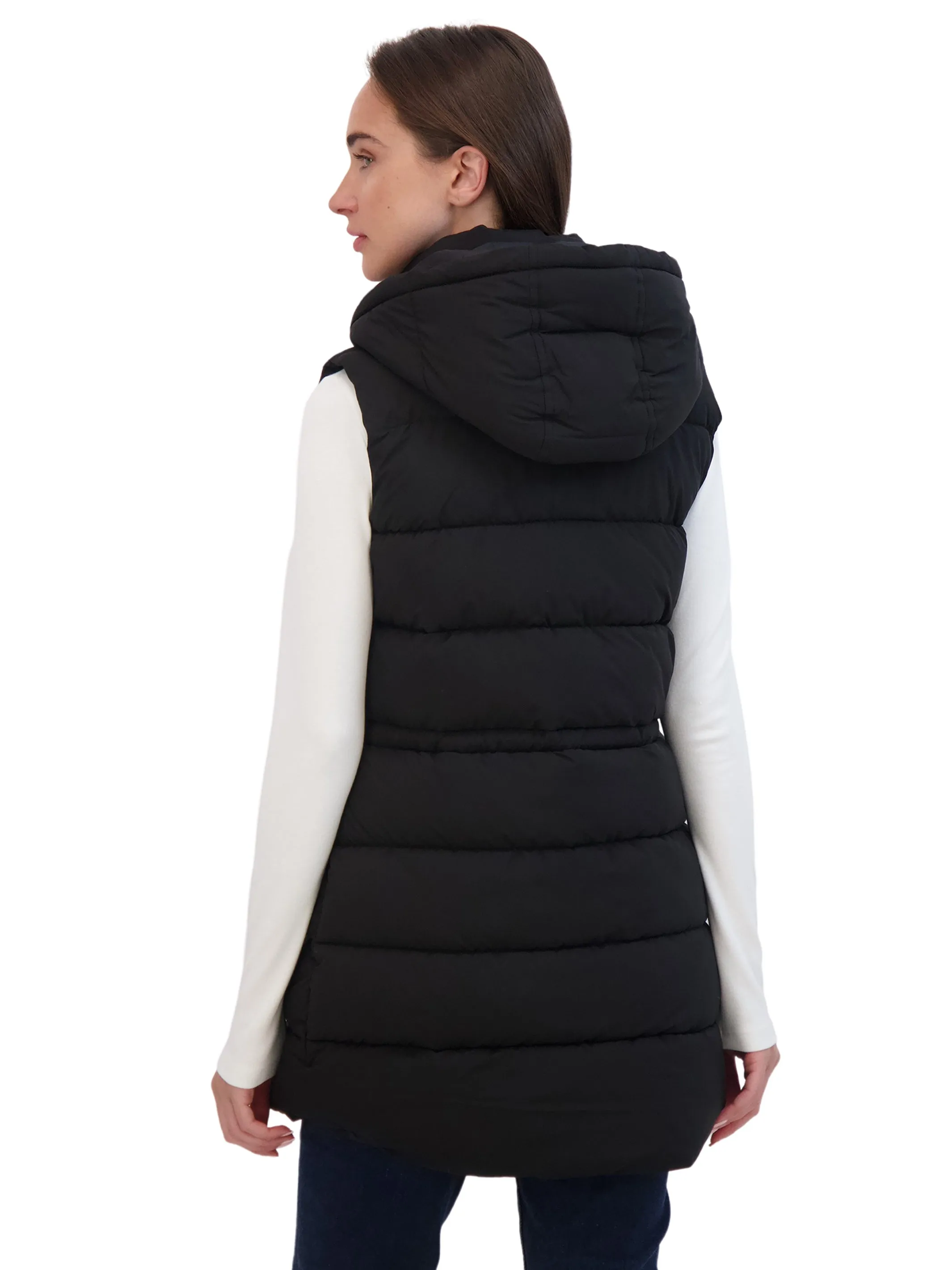 Sebby Collection Women's 3/4 Hooded Stretch Puffer Vest With Drawstring Waist