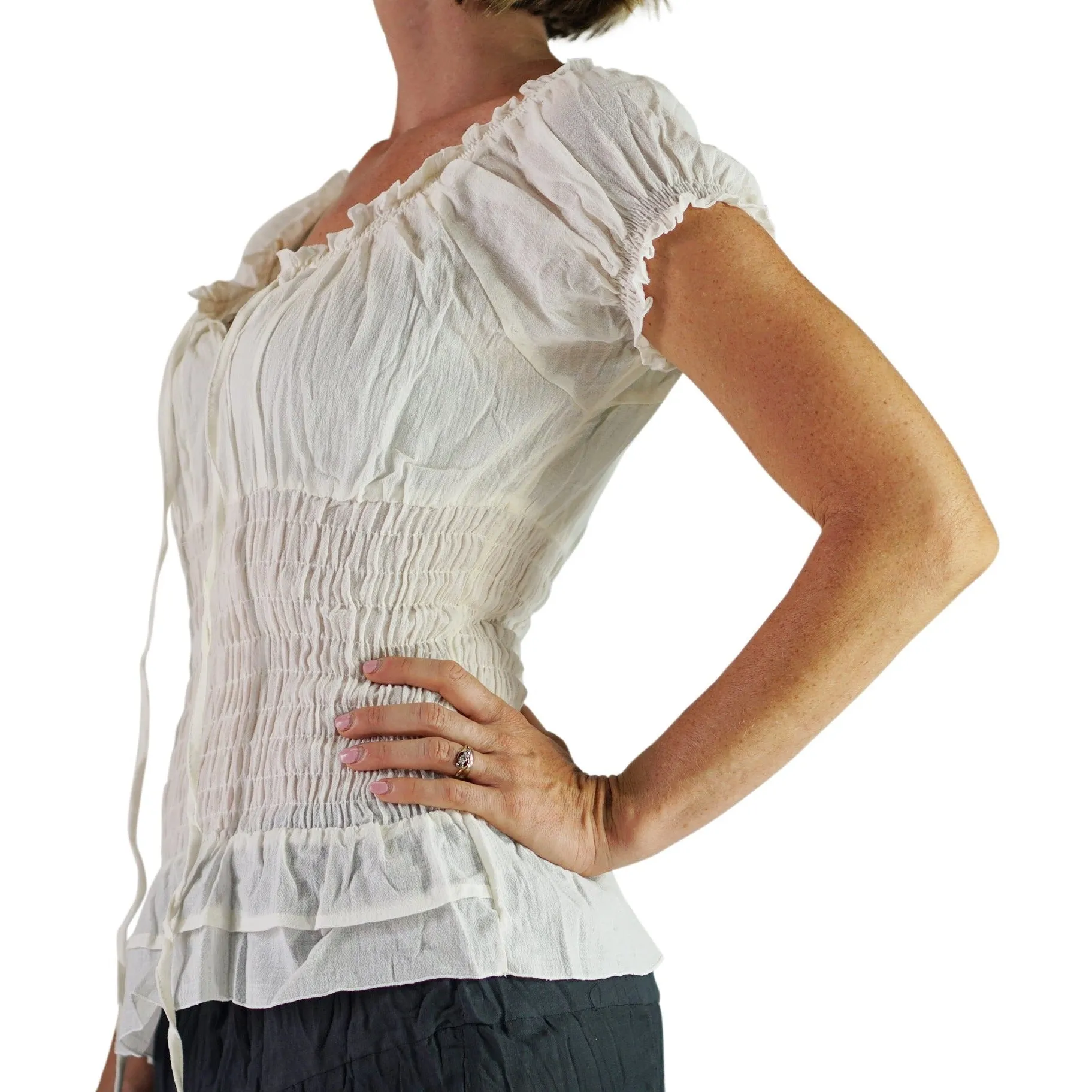 'SS Peasant Blouse, Chemise' - Cream