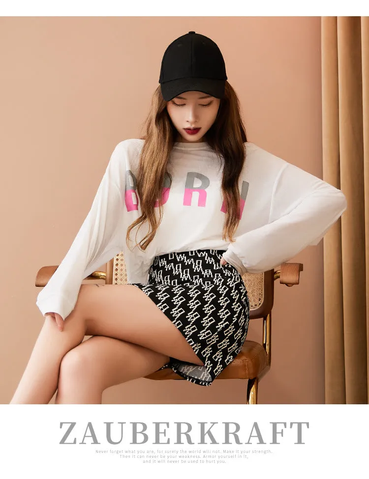 Trendy High Waist Popular Alphabets Printed Europe Women Summer A-Line Skirt Hip Flattering Skirt