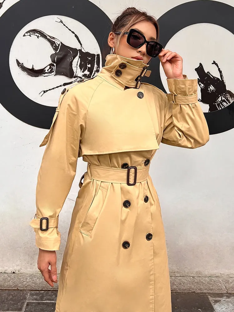 Vintage Patchwork Belt Trench For Women Lapel Long Sleeve Double Breasted Solid Coats Female Clothing Fashion