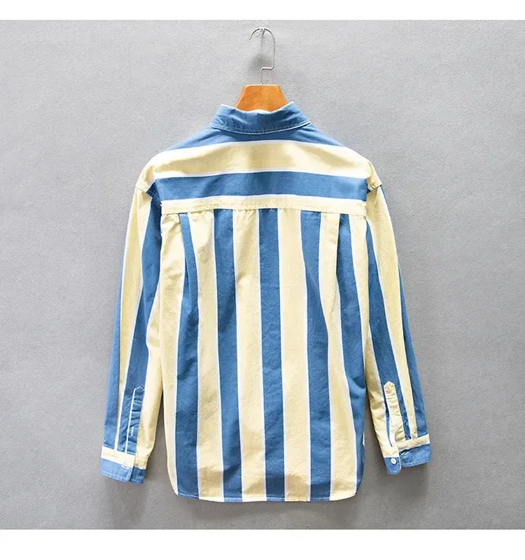 Wiaofellas  -  Men Clothing Autumn Winter New Men's Loose Casual Shirts Pockets Blue and Yellow Striped Fashion Cotton Comfortable Tops