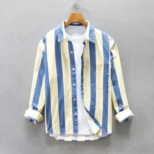 Wiaofellas  -  Men Clothing Autumn Winter New Men's Loose Casual Shirts Pockets Blue and Yellow Striped Fashion Cotton Comfortable Tops