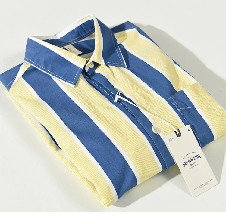 Wiaofellas  -  Men Clothing Autumn Winter New Men's Loose Casual Shirts Pockets Blue and Yellow Striped Fashion Cotton Comfortable Tops