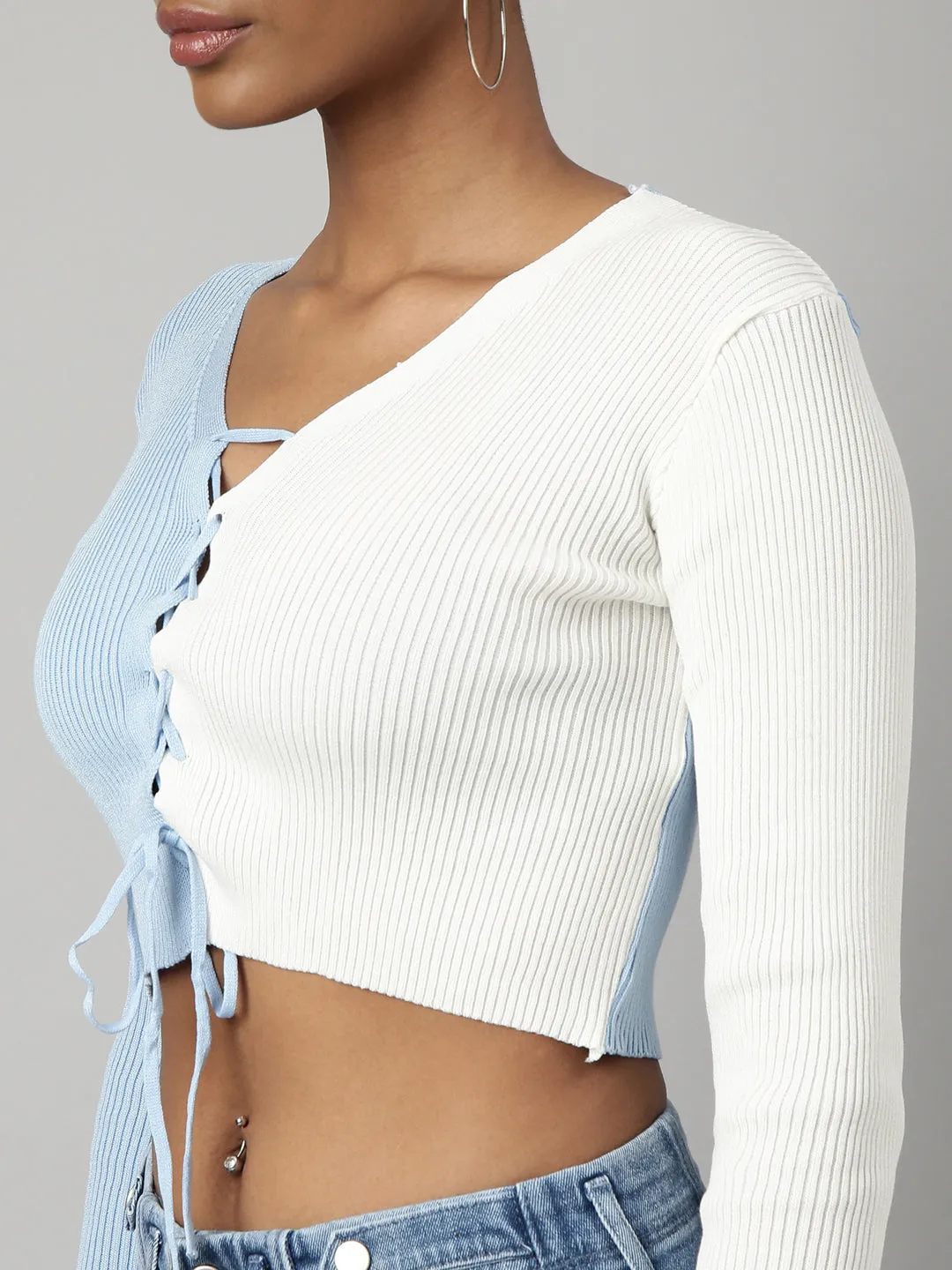 Women Blue Colourblocked Fitted Crop Top