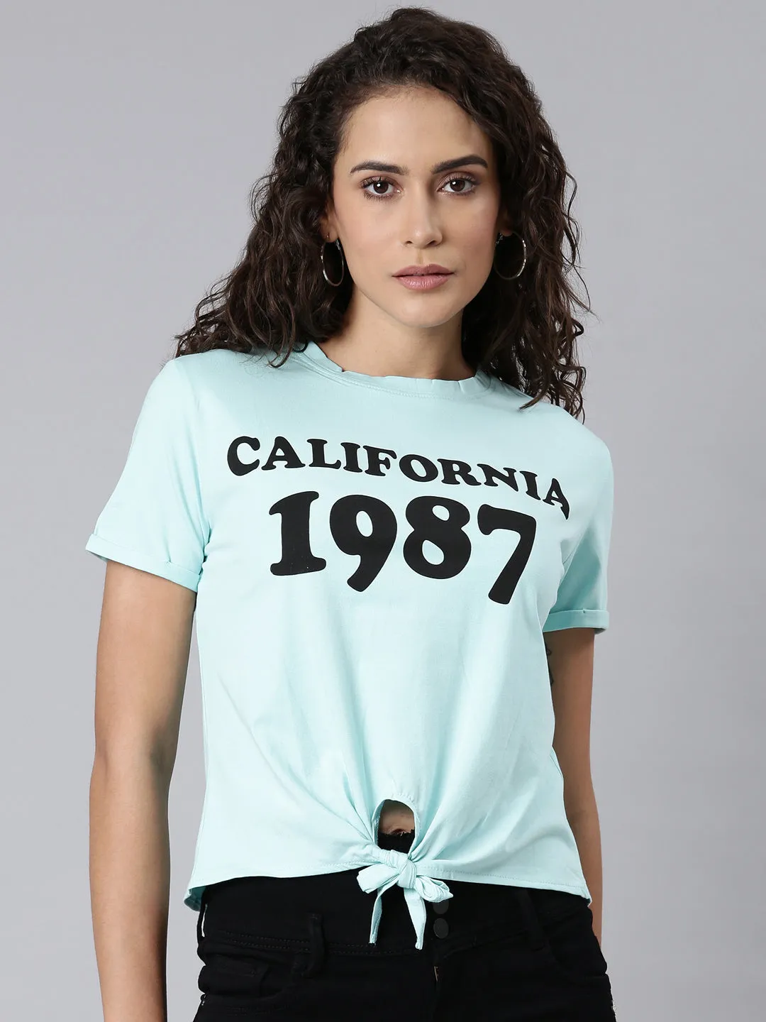 Women Turquoise Blue Typographic Top