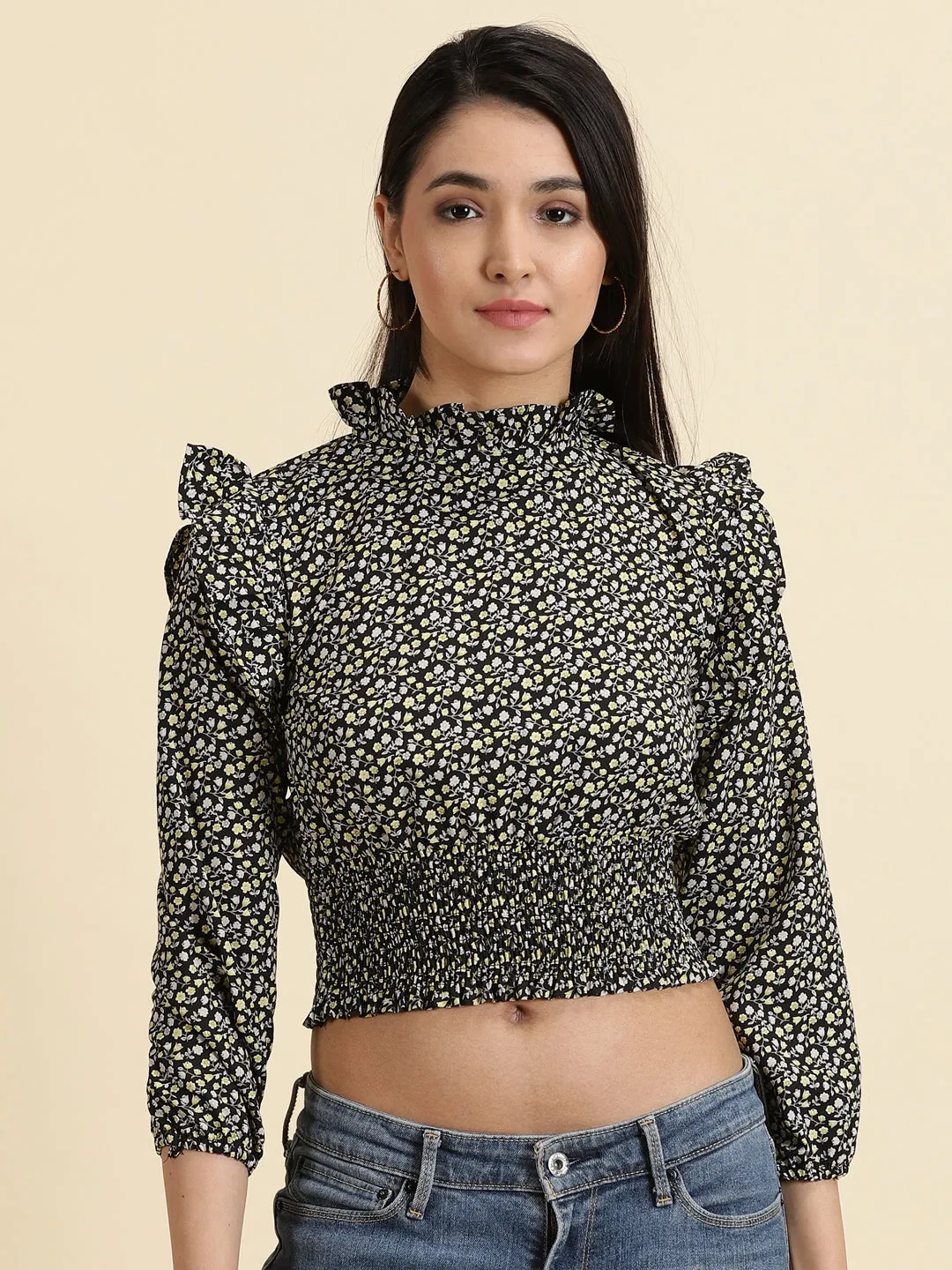 Women's Black Printed Cinched Waist Crop Top