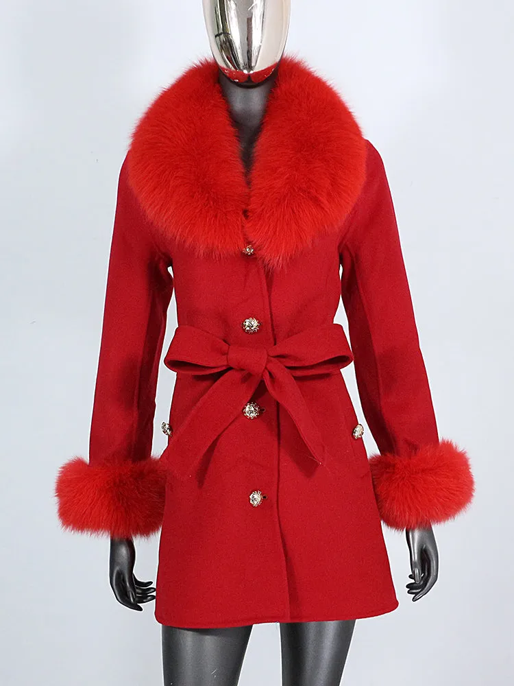 Women's Cashmere Wool Coat with Fox Fur Collar