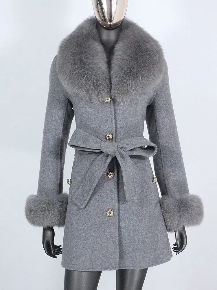 Women's Cashmere Wool Coat with Fox Fur Collar