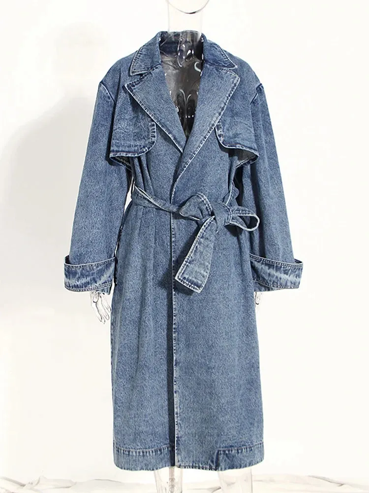 Women's Denim Trench Coat – Detachable Faux Fur Collar