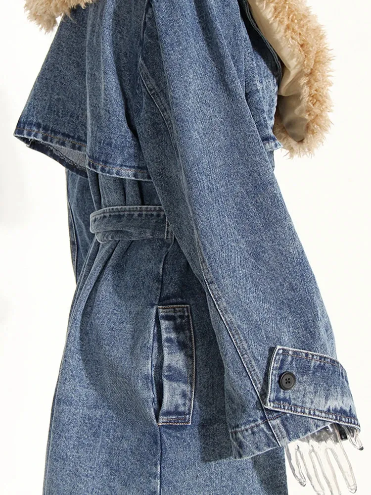 Women's Denim Trench Coat – Detachable Faux Fur Collar