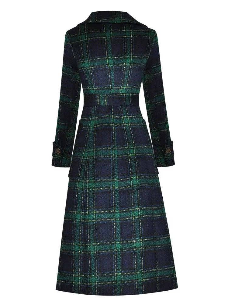 Women's Luxe Woolen Plaid Long Trench Coat