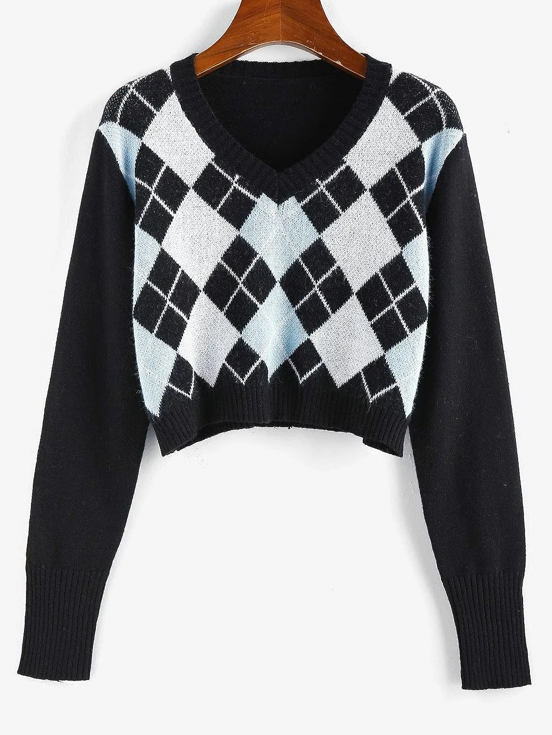 ZAFUL Women's Long Sleeve V-Neck Argyle Knit Sweater