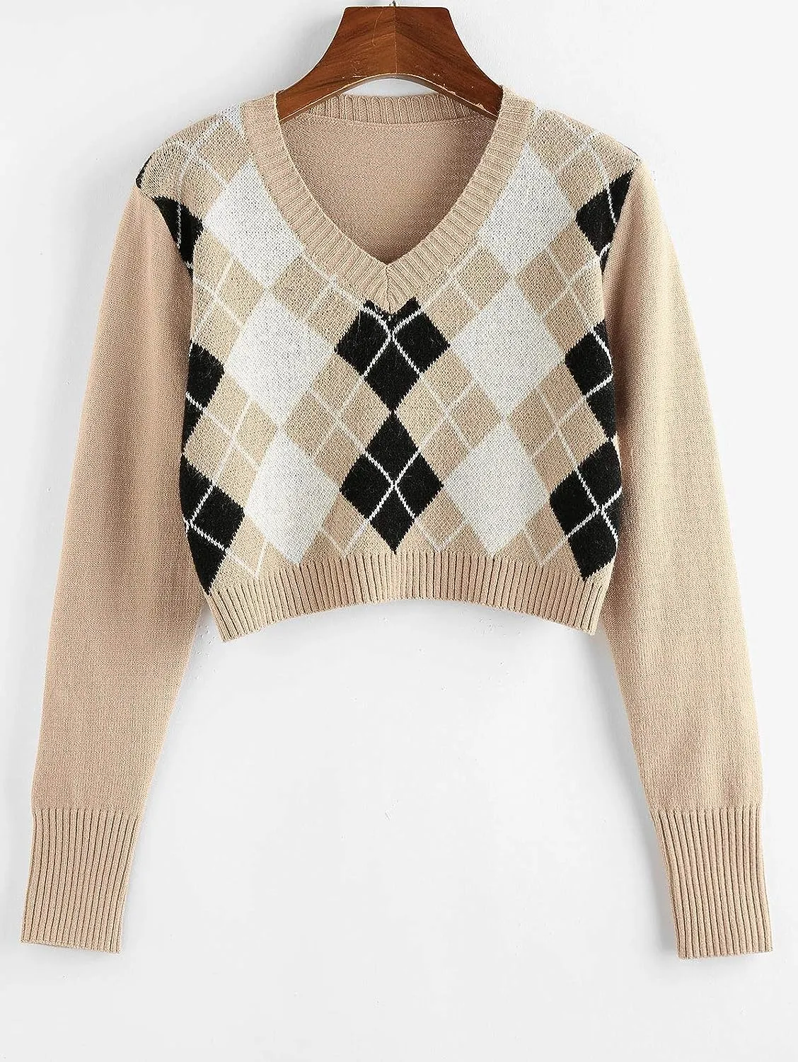 ZAFUL Women's Long Sleeve V-Neck Argyle Knit Sweater